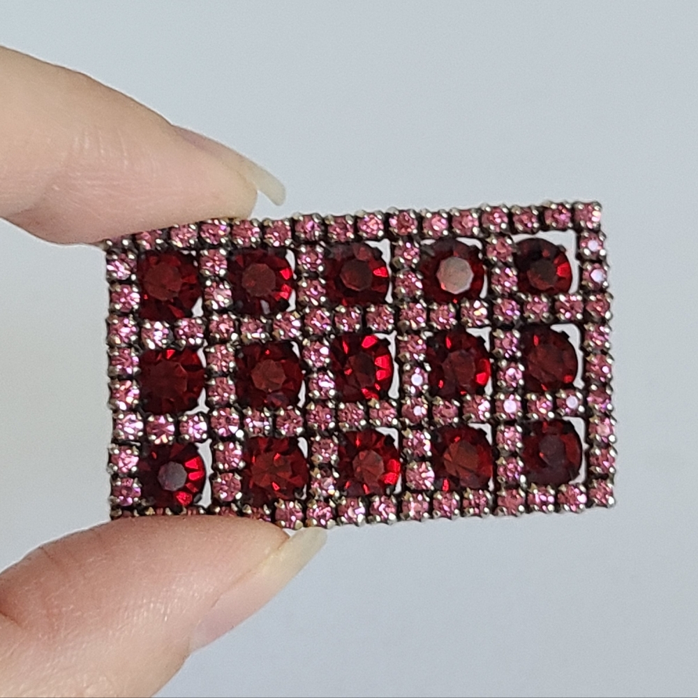 Vintage Jay Flex Pink Red Crystal Sterling Silver Rectangle Chunky Brooch Pin